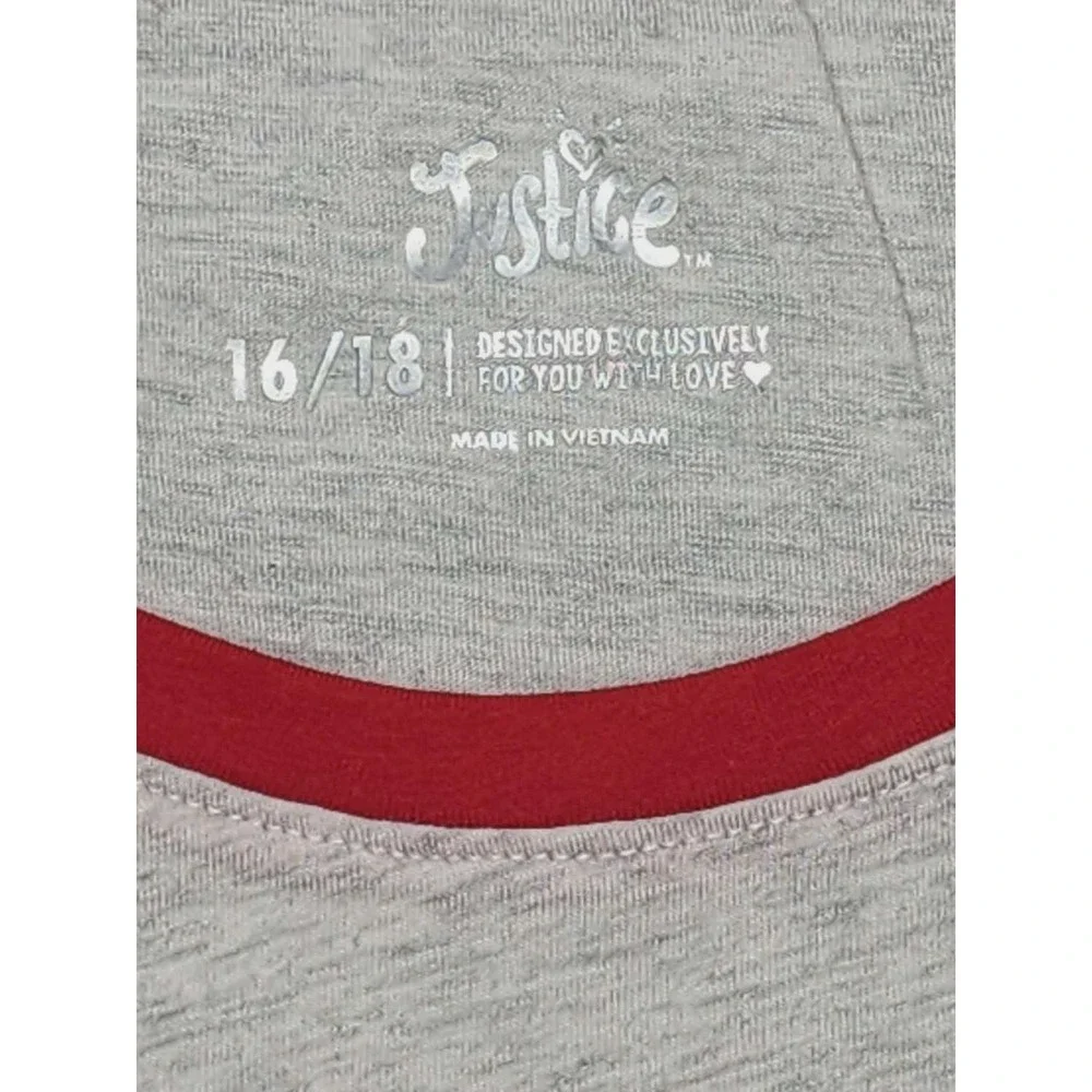 Justice Girls Raglan Long Sleeve Tee Gray Red Live Love Justice Size 16/18 NEW